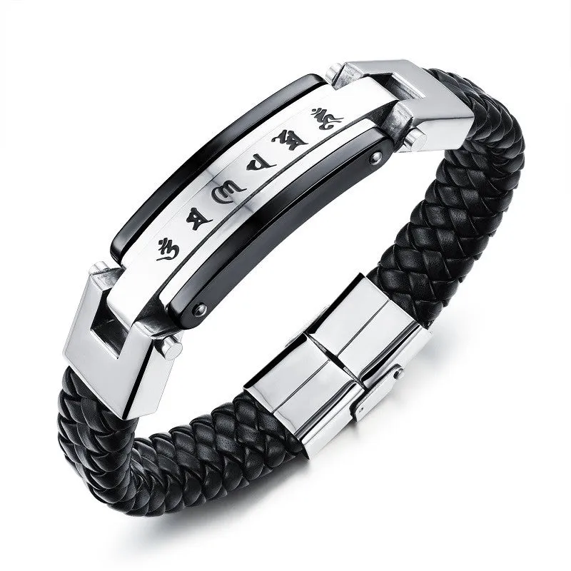 FASHION Men Punk Jewelry Black Leather Bracelet Stainless Steel Charm Bracelets Vintage Bangles Male Accessories