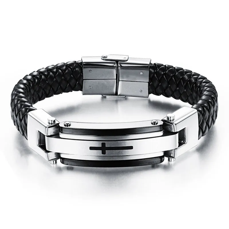 FASHION Men Punk Jewelry Black Leather Bracelet Stainless Steel Charm Bracelets Vintage Bangles Male Accessories