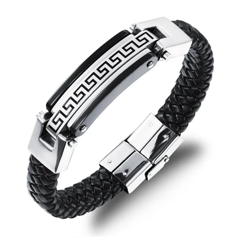 FASHION Men Punk Jewelry Black Leather Bracelet Stainless Steel Charm Bracelets Vintage Bangles Male Accessories