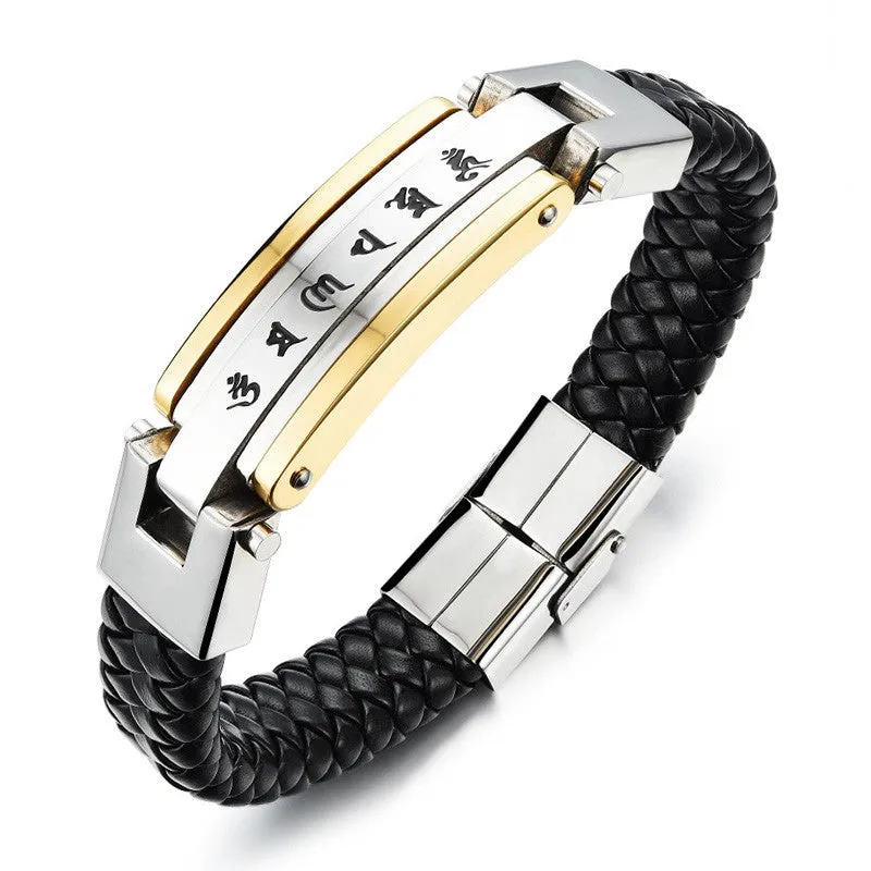 FASHION Men Punk Jewelry Black Leather Bracelet Stainless Steel Charm Bracelets Vintage Bangles Male Accessories