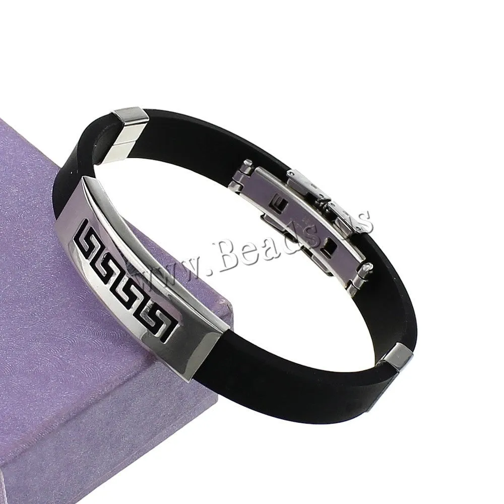 Fashion Wristband black Punk Rubber Silicone Stainless Steel Men Bracelet