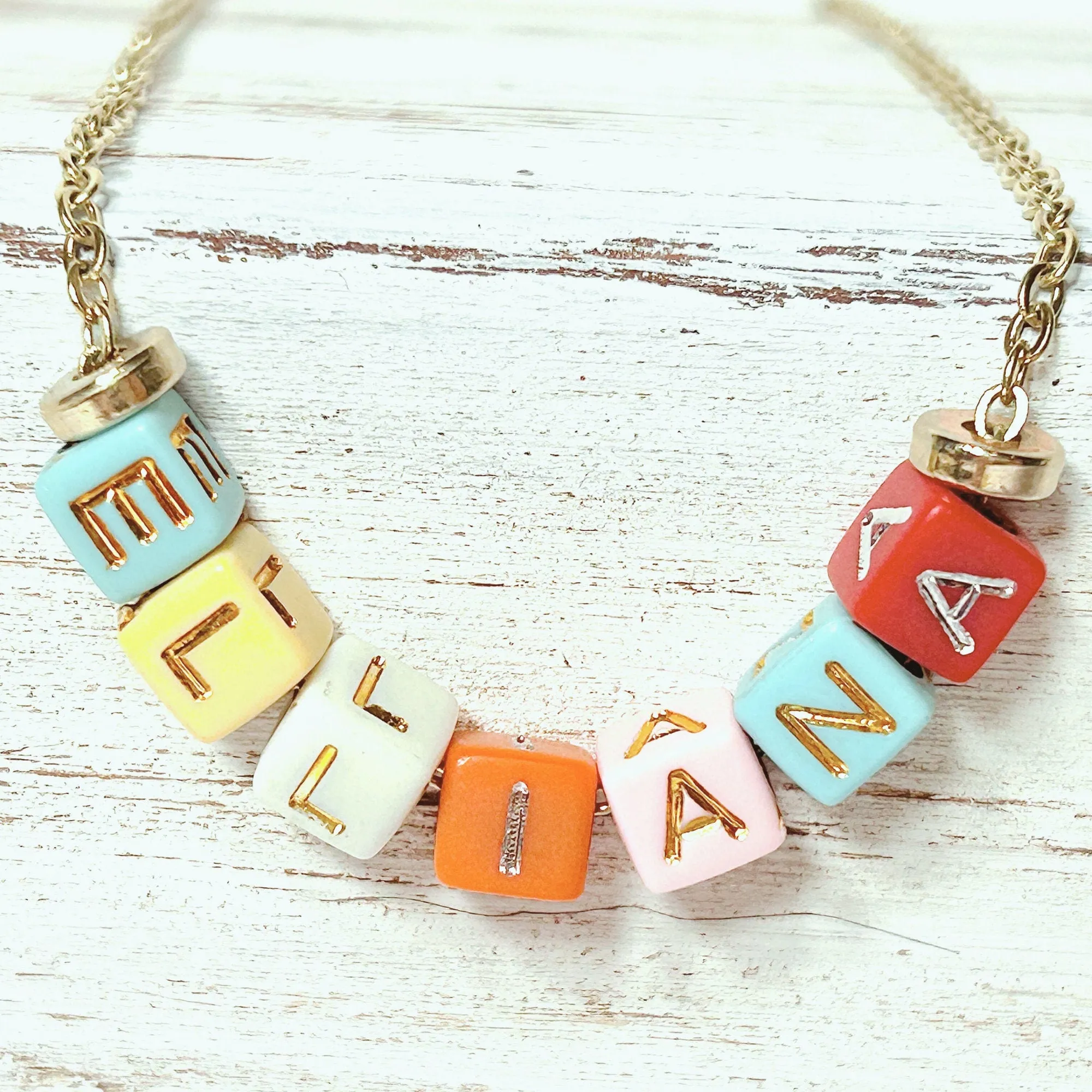 Gold Colorful Beaded Custom Word/Name Necklace, Inspirational Word Jewelry, Dainty Colorful Gold Necklace, Teen and Little Girls Gift