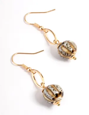 Gold Open Oval & Bead Drop Earrings