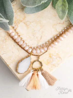 Graceful as Can Be Beaded Necklace with Stone Pendant and Tassels