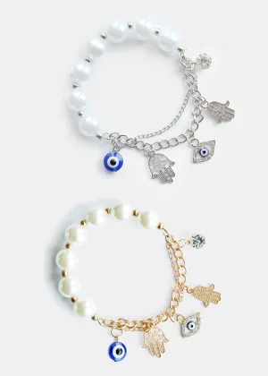 Hamsa Hand Charm Bracelet with Pearls