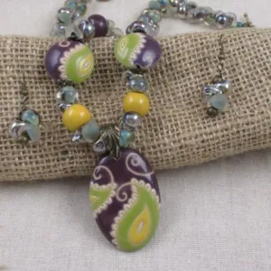 Handmade Green & Purple Artisan Bead Big Bold Necklace & Earrings