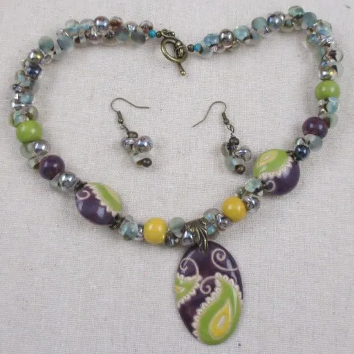 Handmade Green & Purple Artisan Bead Big Bold Necklace & Earrings