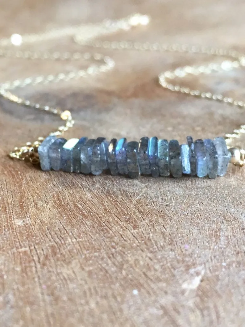 Healing Labradorite Bar Necklace Sterling Silver or Gold Fill