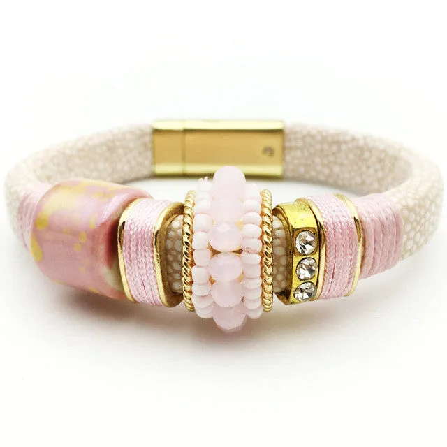 Hot Fashion Magnetic Buckle Leather Bracelet Boho Ceramic Rhinestone Beads Bracelets Bangles Women Men Pulseira Jewelry