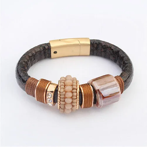 Hot Fashion Magnetic Buckle Leather Bracelet Boho Ceramic Rhinestone Beads Bracelets Bangles Women Men Pulseira Jewelry