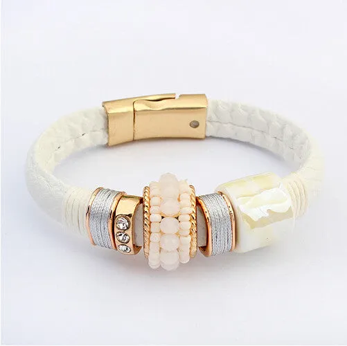 Hot Fashion Magnetic Buckle Leather Bracelet Boho Ceramic Rhinestone Beads Bracelets Bangles Women Men Pulseira Jewelry