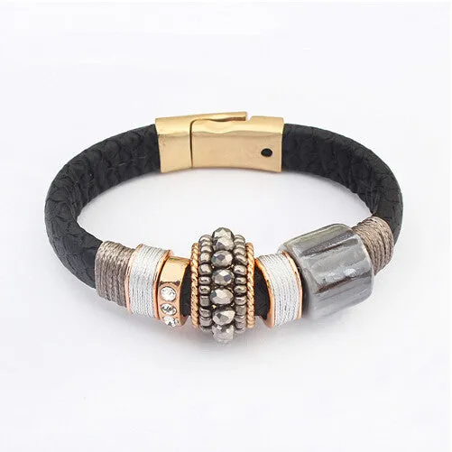 Hot Fashion Magnetic Buckle Leather Bracelet Boho Ceramic Rhinestone Beads Bracelets Bangles Women Men Pulseira Jewelry