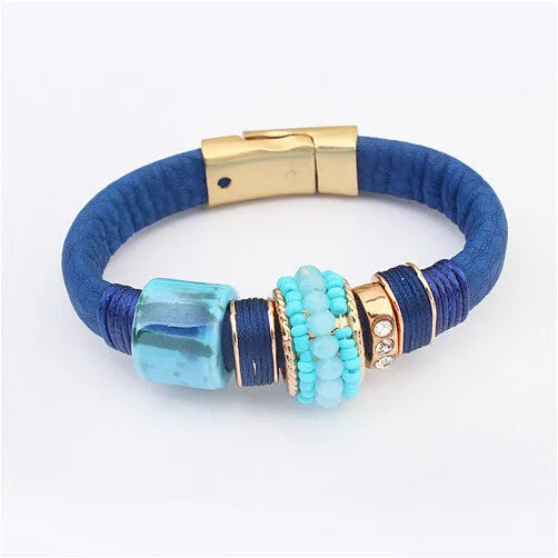 Hot Fashion Magnetic Buckle Leather Bracelet Boho Ceramic Rhinestone Beads Bracelets Bangles Women Men Pulseira Jewelry