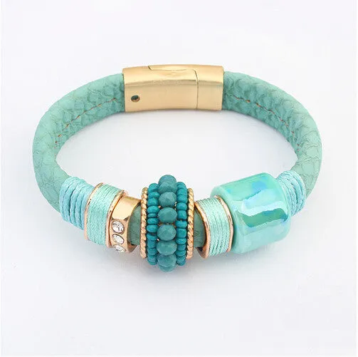 Hot Fashion Magnetic Buckle Leather Bracelet Boho Ceramic Rhinestone Beads Bracelets Bangles Women Men Pulseira Jewelry