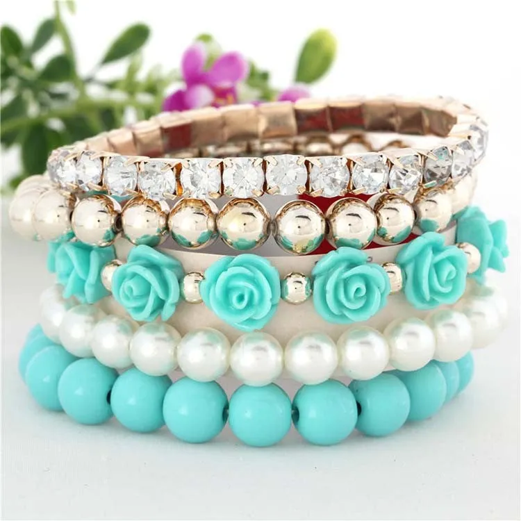 Hot sale European bracelet fashion mix beads bracelet stretch bracelet flower temperament bracelet Women Fashion Jewelry