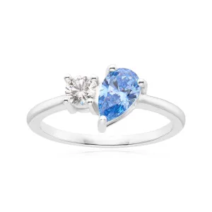 KISS Sterling Silver Pear & Round Cut Blue & White Cubic Zirconia Ring