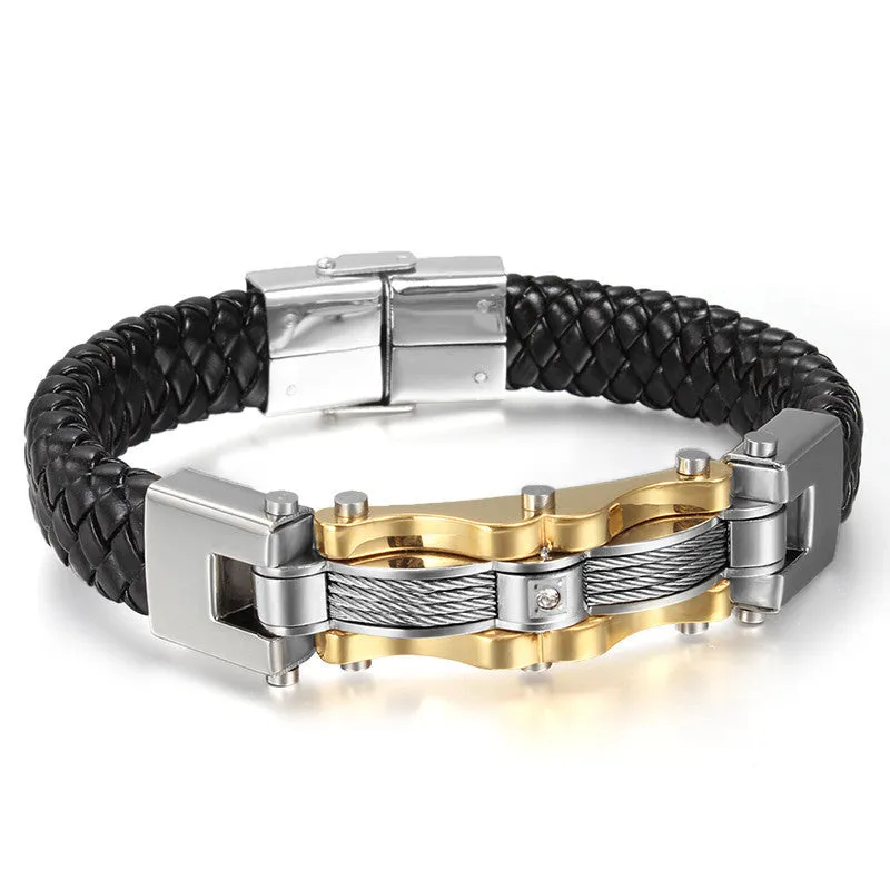 Leather Silver & Gold Plated Vintage Bracelet Men Jewelry