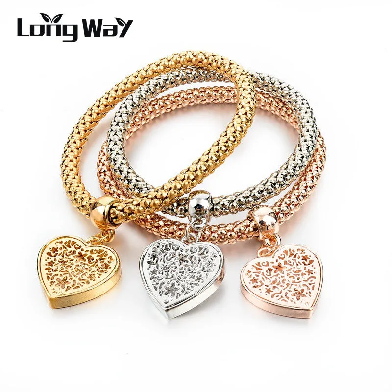 LongWay Ethnic Love Heart Charm Bracelets For Women Gold Color Crystal Chain Bracelets & Bangles With Pendants SBR150160