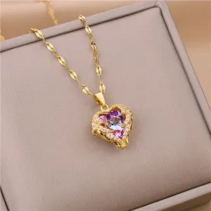 Luxurious Heart Shape Titanium Steel Gold Plated Artificial Crystal Pendant Necklace