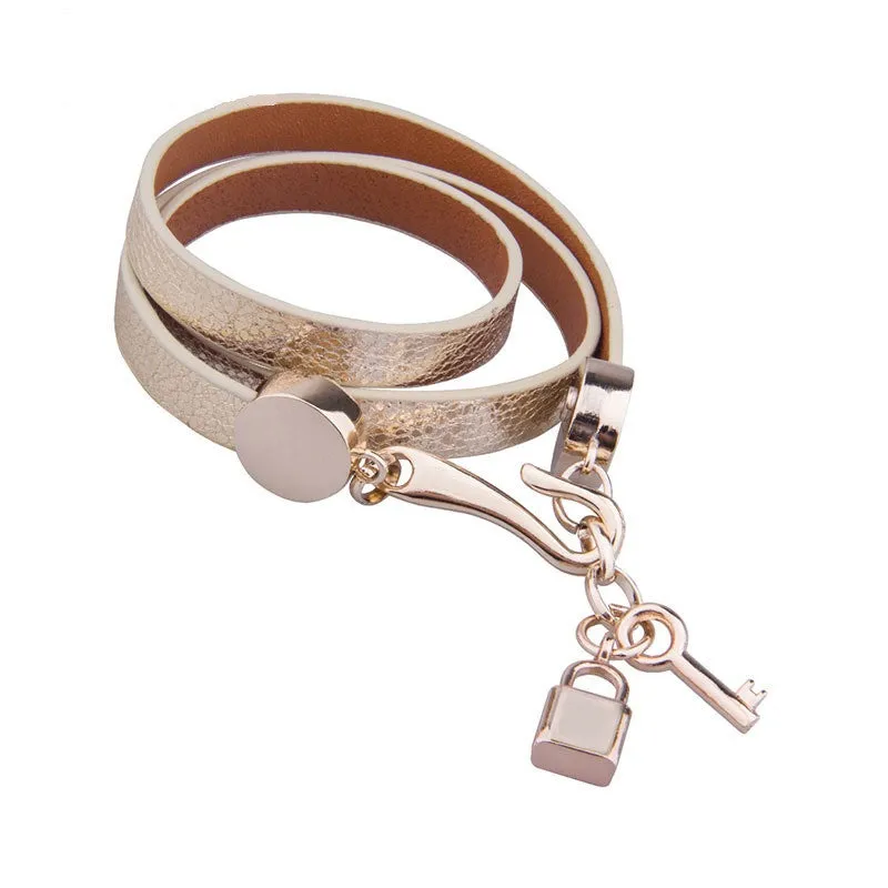 Luxury Gold Plated Genuine Pink Leather Bracelet Three Circle Jewelry for Women