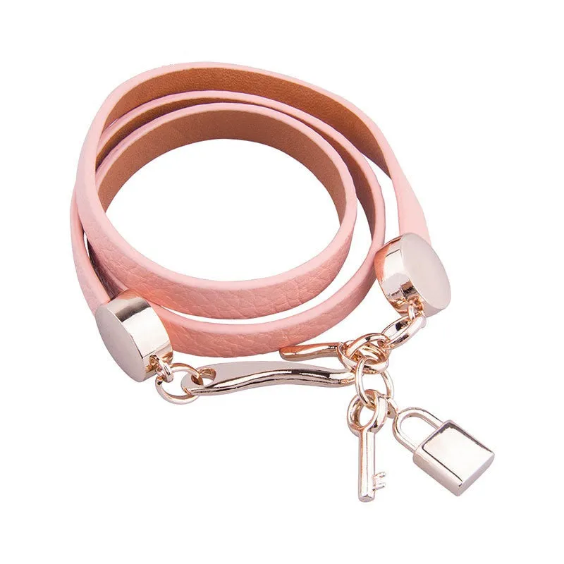 Luxury Gold Plated Genuine Pink Leather Bracelet Three Circle Jewelry for Women