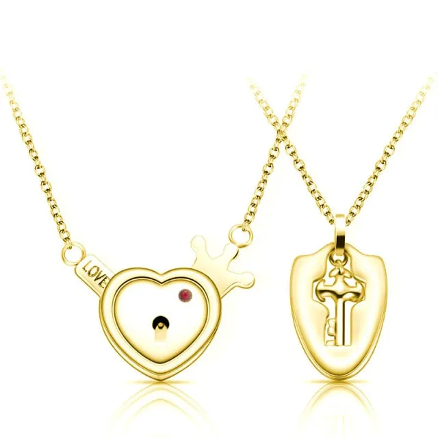 Matching Puzzle Couple Heart Lock Bracelet and Key Pendant Necklace for Lover Jewelry Gift