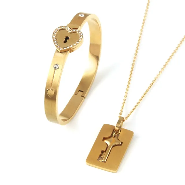 Matching Puzzle Couple Heart Lock Bracelet and Key Pendant Necklace for Lover Jewelry Gift