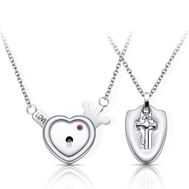 Matching Puzzle Couple Heart Lock Bracelet and Key Pendant Necklace for Lover Jewelry Gift