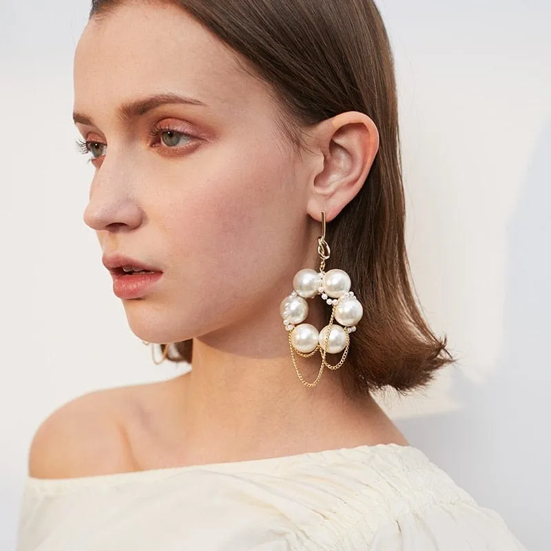 Mismatched Gold Plated Chains Pearl Hoop Earrings