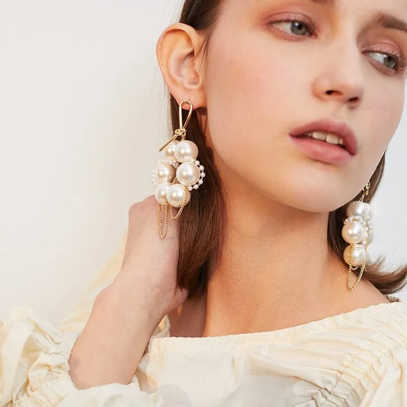 Mismatched Gold Plated Chains Pearl Hoop Earrings