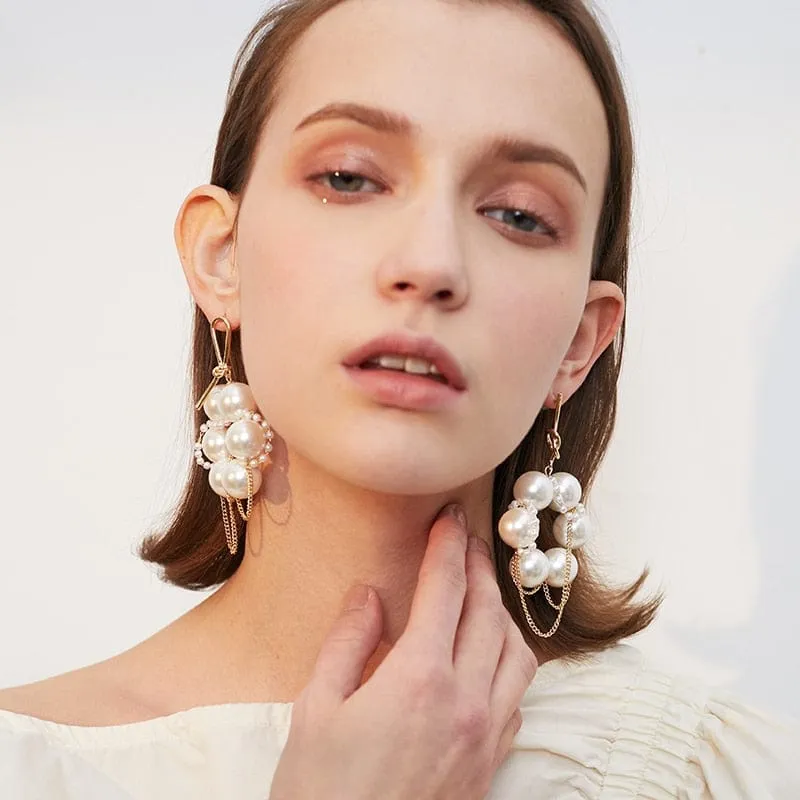 Mismatched Gold Plated Chains Pearl Hoop Earrings