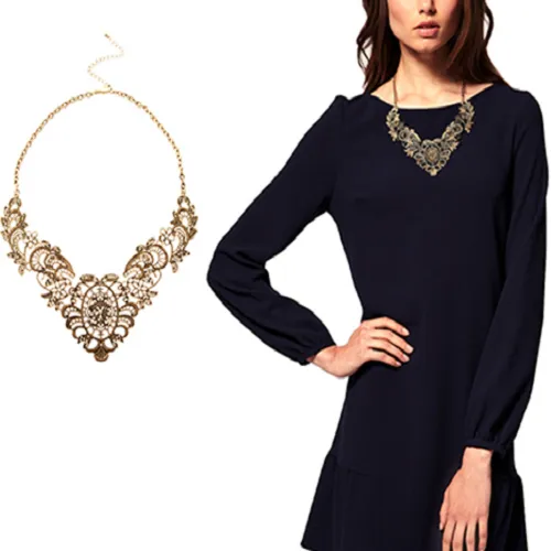 New European Vintage Luxurious Collar Chain Bronze Lace Flower Chain Choker Necklace for Women