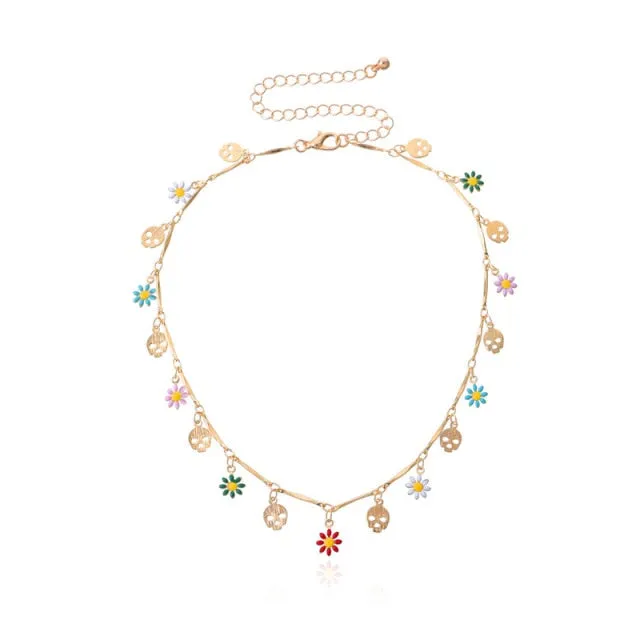 New Korea Lovely Daisy Flowers Colorful Beaded Charm Statement Short Choker Necklace for Women Vacation Jewelry