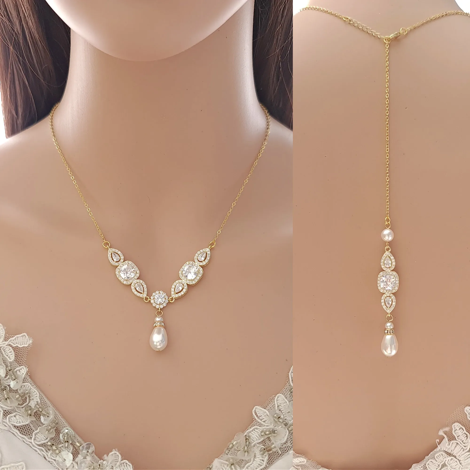 Pearl Drop Back Necklace-Gianna