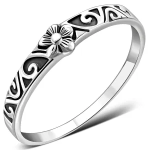 Plain Silver Flower Band Oxide Ring