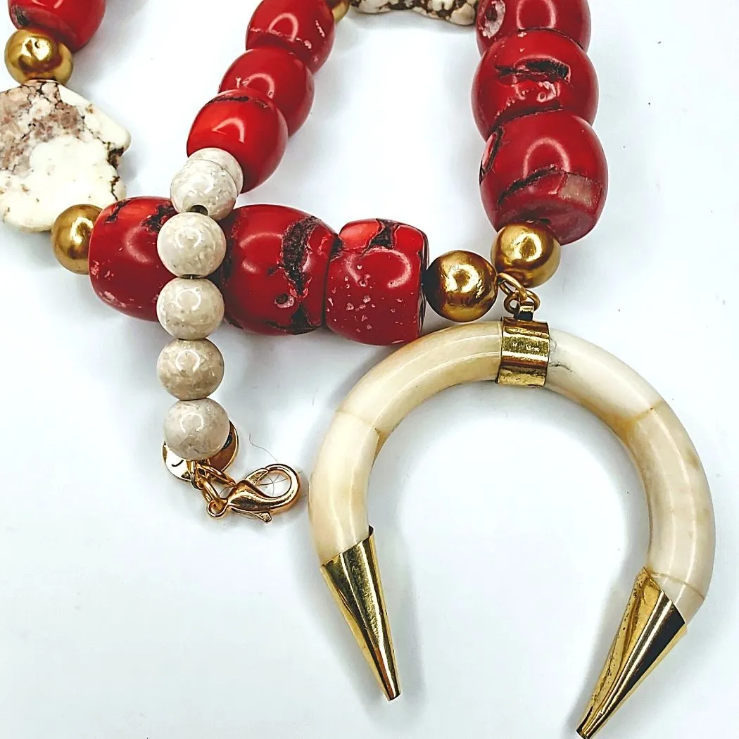 Red Coral and Ox Bone Necklace