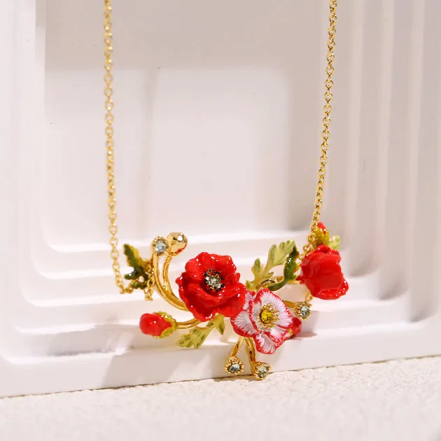 Red Poppies and Snow Lotus Flower Necklace-i7bag