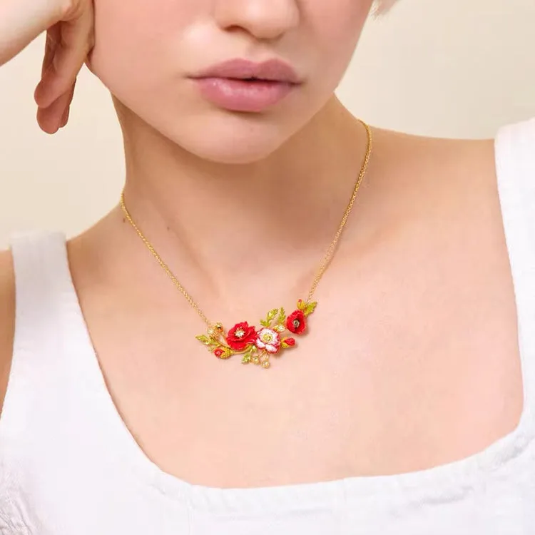 Red Poppies and Snow Lotus Flower Necklace-i7bag