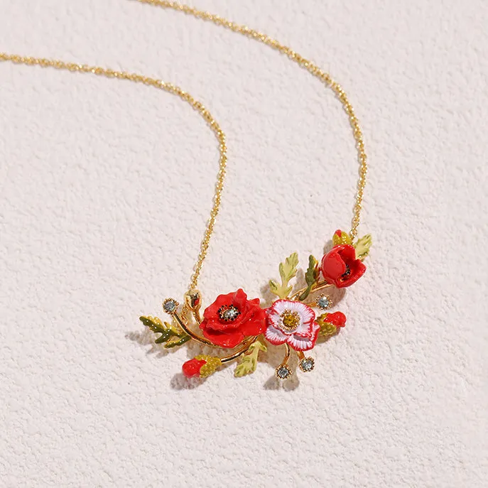 Red Poppies and Snow Lotus Flower Necklace-i7bag