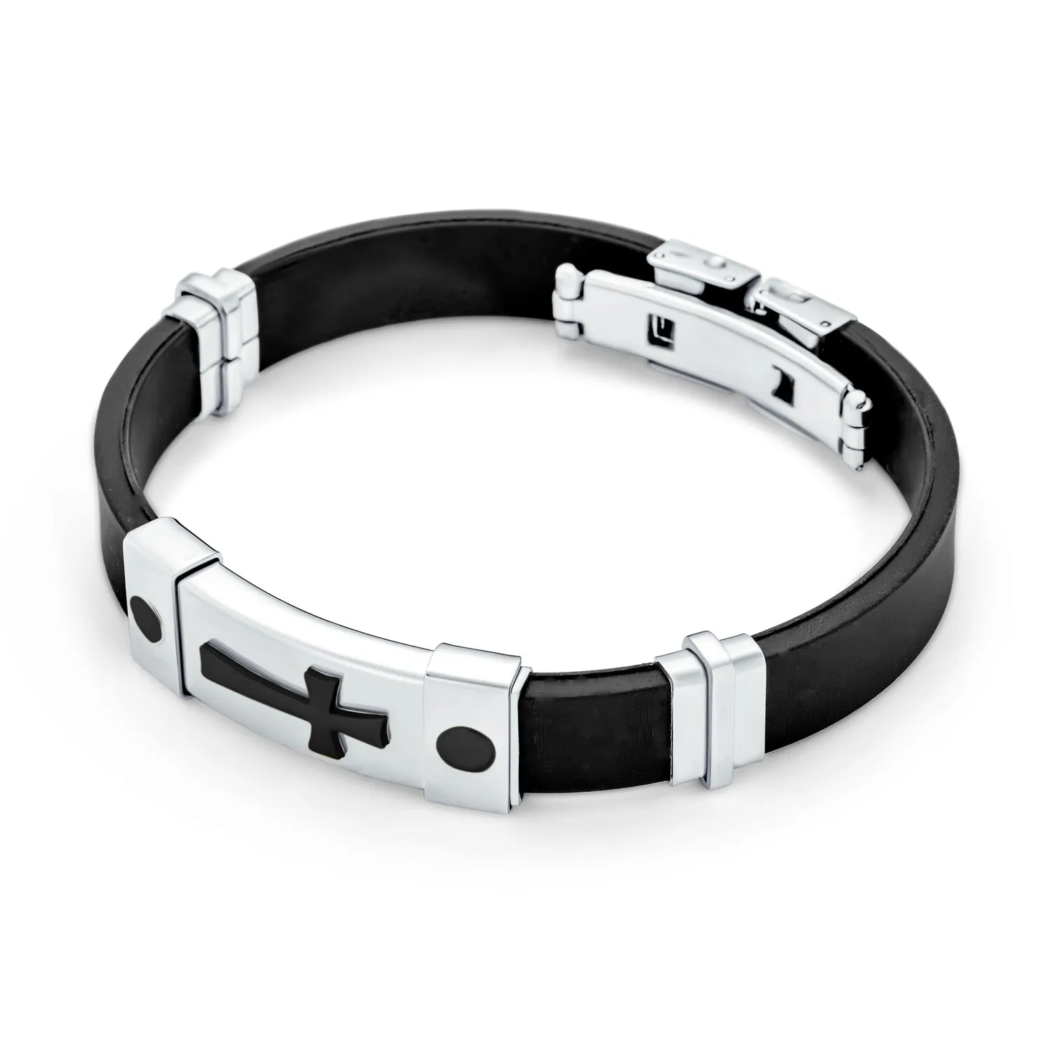 Religious Cross ID Bracelet for Men Silver Gold Tone Black Silicone Wristband