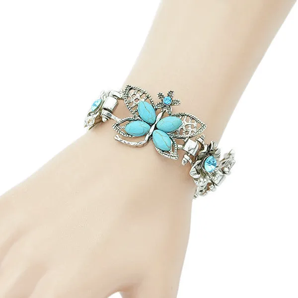 Retro Style Blue Rhinestone Butterfly Antique Party Charm Bracelets For Elegant Women