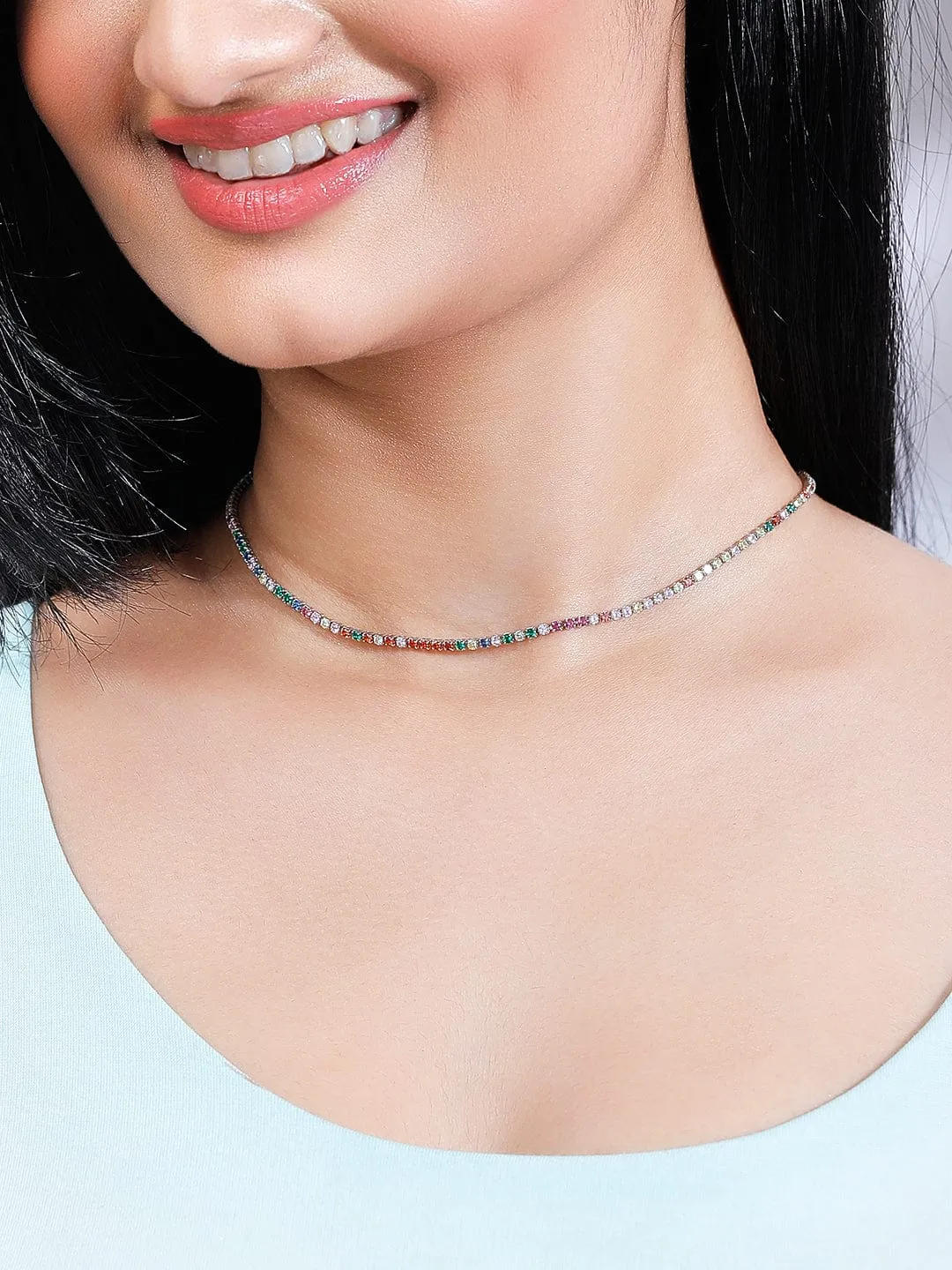 Rubans Voguish Rhodium Plated Stainless Steel Waterproof Multicoloured Zircons Studded Tennis Necklace.