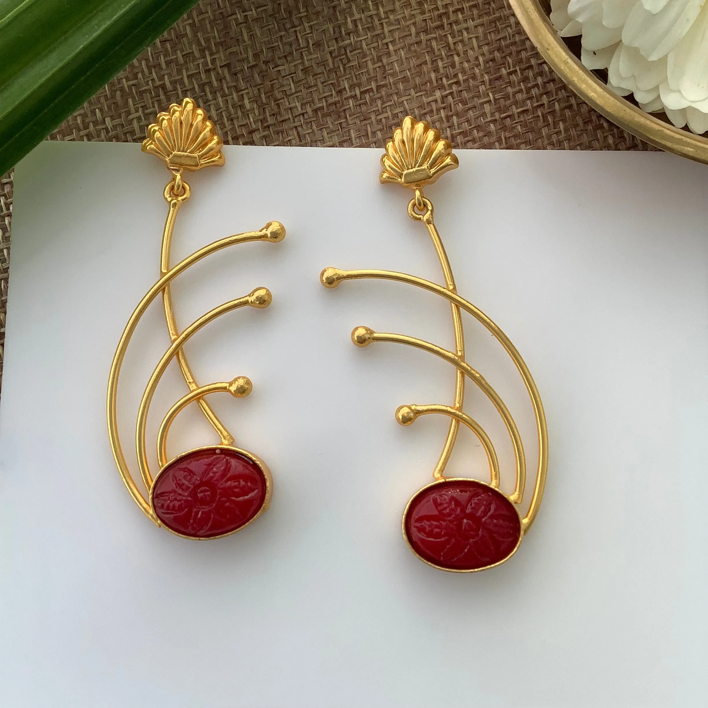 Salvanity Brass Gold Fashion Jewellery - Los Angeles Fireworks Earrings- Red