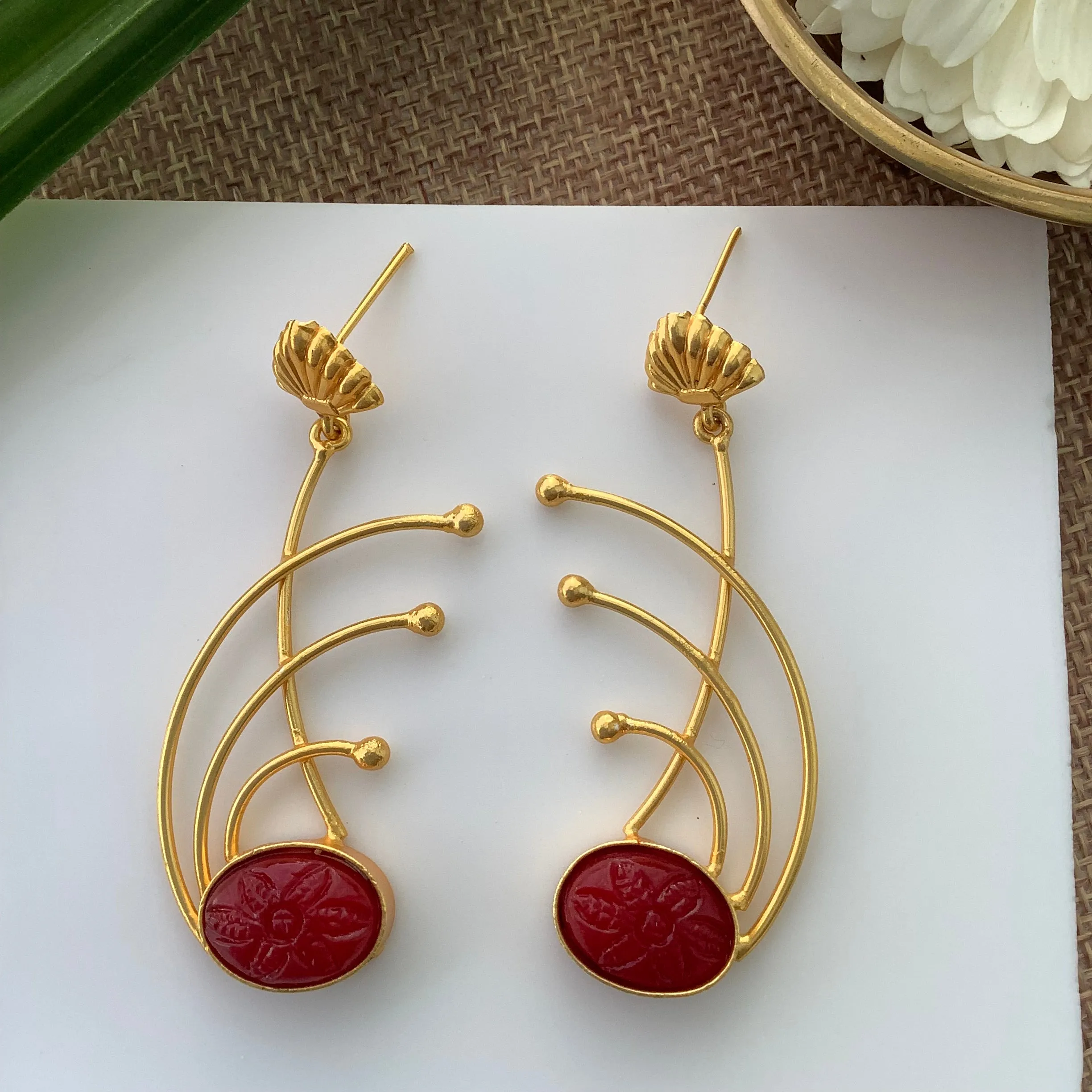 Salvanity Brass Gold Fashion Jewellery - Los Angeles Fireworks Earrings- Red