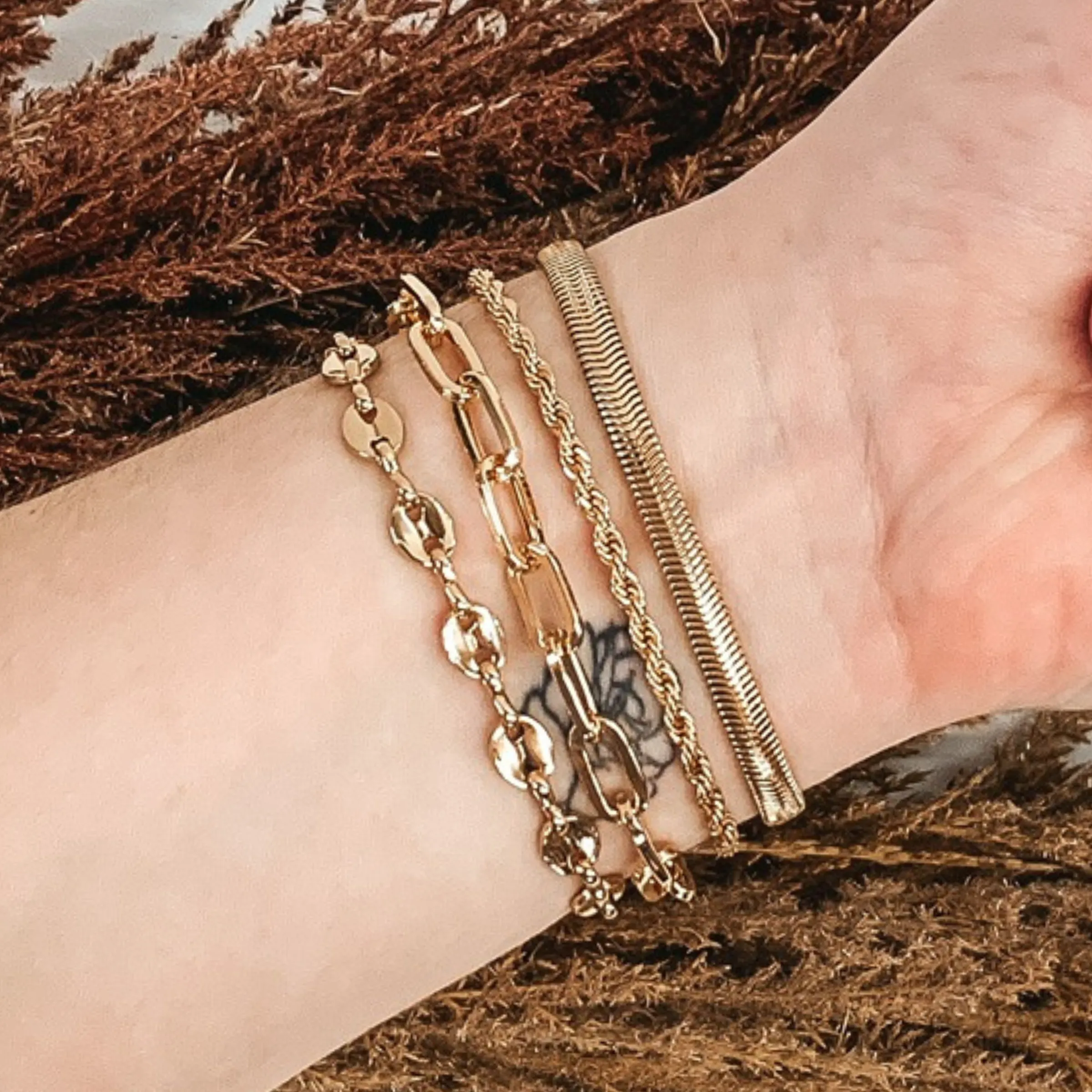 Set of Four Multi Chained Bracelets in Gold