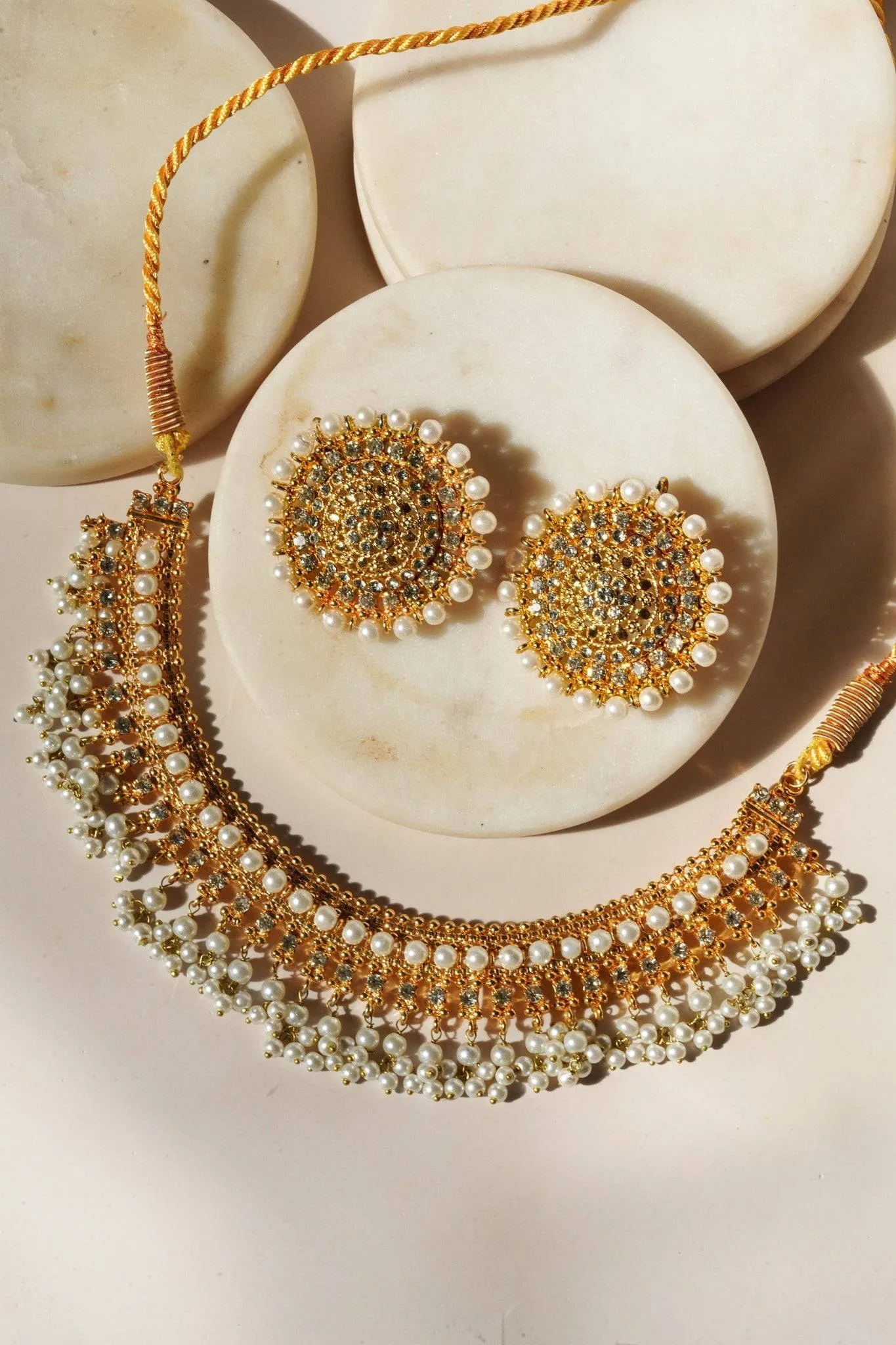 Shehnaz - Gold Necklace Set With Large Round Stud Earrings