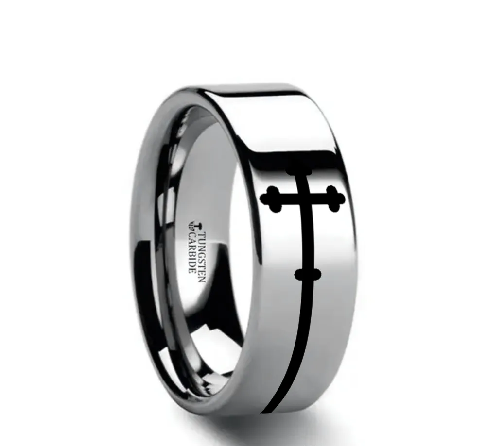 SIDEWAYS CROSS on Flat Tungsten Carbide Ring