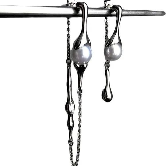 Silver Crystal Water Drop Pearls Earrings