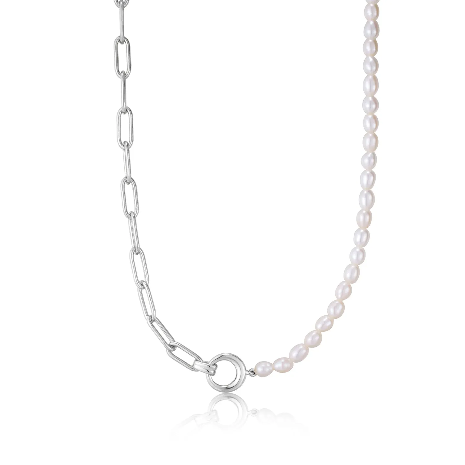 Silver Pearl Half and Half Chain Necklace