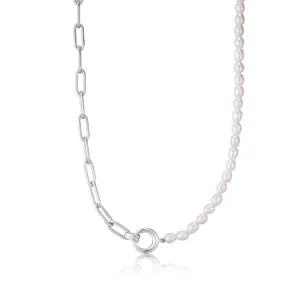 Silver Pearl Half and Half Chain Necklace